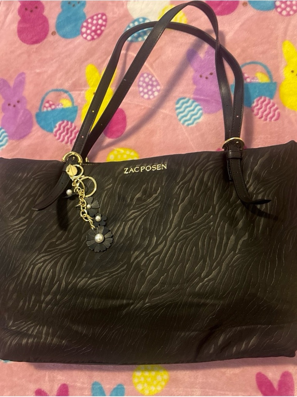 Zac Posen Black Textured Tote with Floral Charm